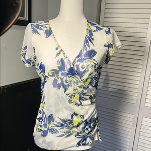 Karen Kane Blue and White Puff Sleeve Wrap Blouse
